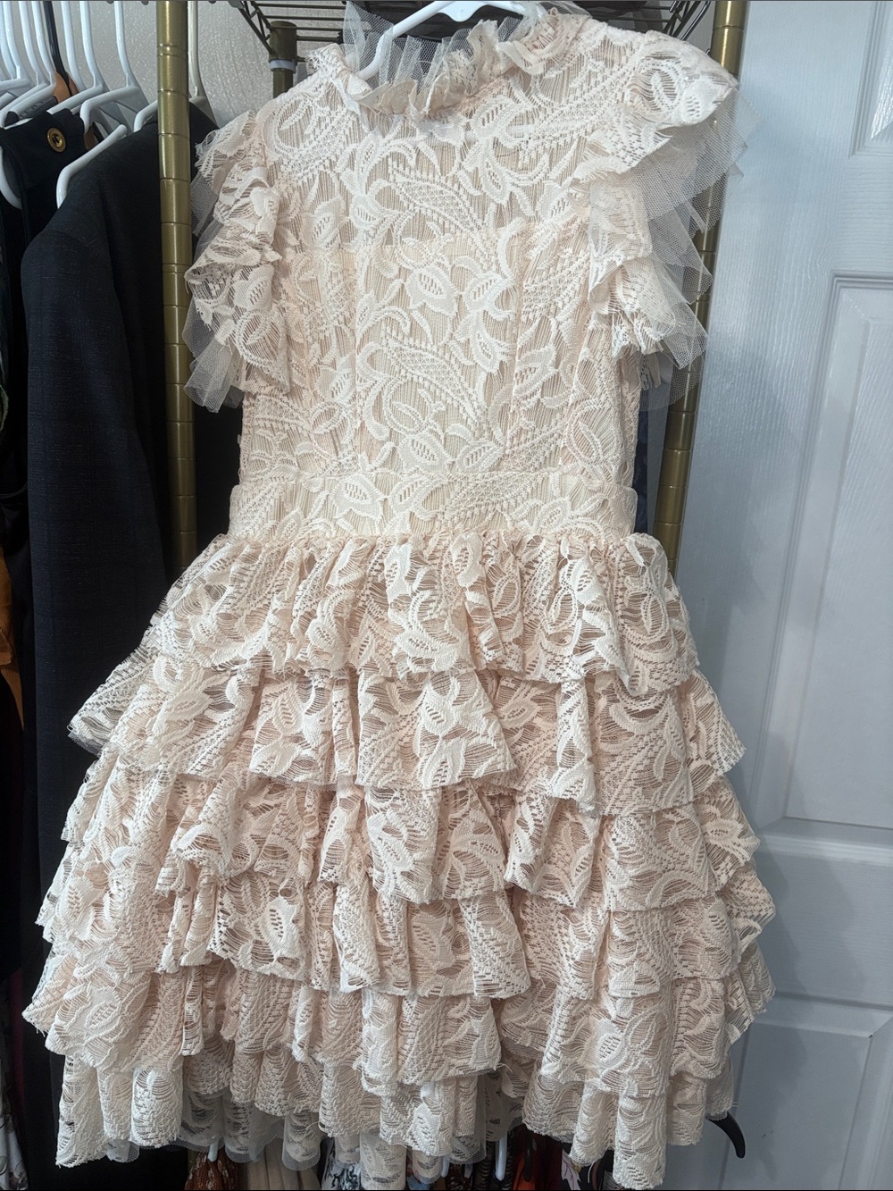 Joyfolie Cream Lace Tiered Ruffle Dress